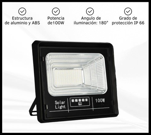 Reflector led 100w con panel solar. Control remoto. Ip66 Exterior