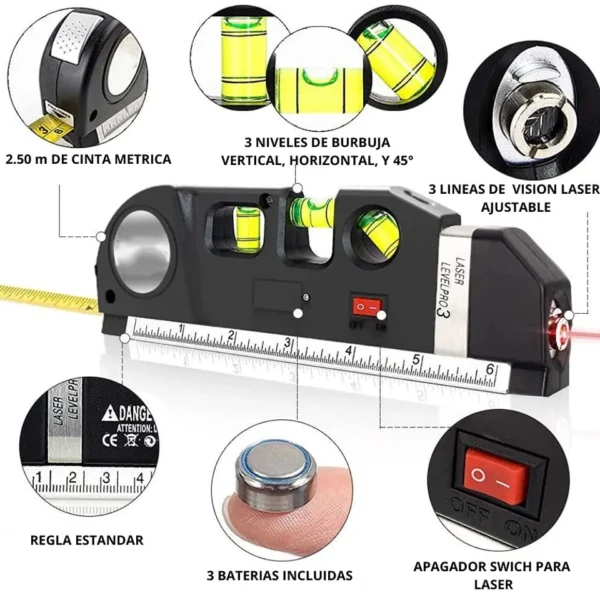 Nivel 3 en 1 (Nivel Laser 3 burbujas + Cinta métrica + Regla)